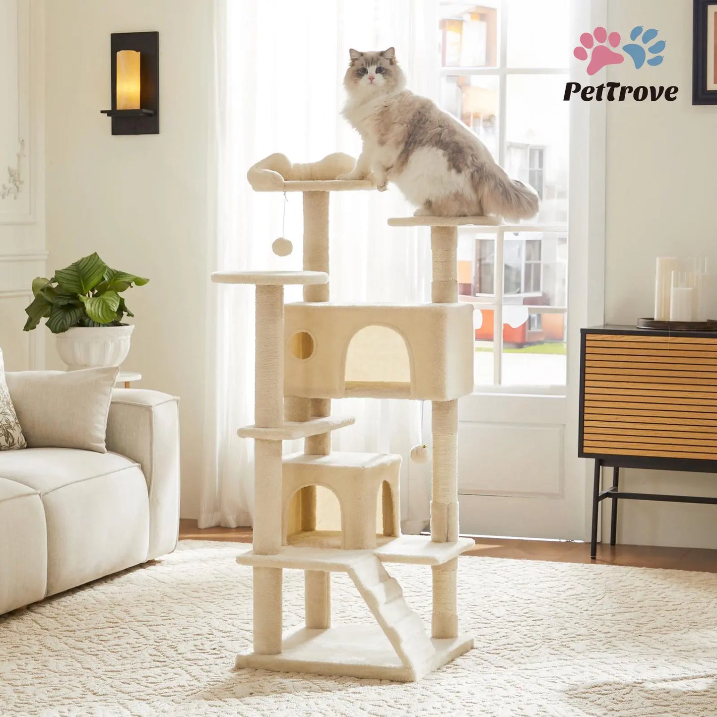 Pettrove Multi-Level Cat Tree Tower for Indoor Use, Stable Pet Furniture with Sisal Scratching Post, Spacious Condo, Climbing Ladder, and Plush Toy for Cats
