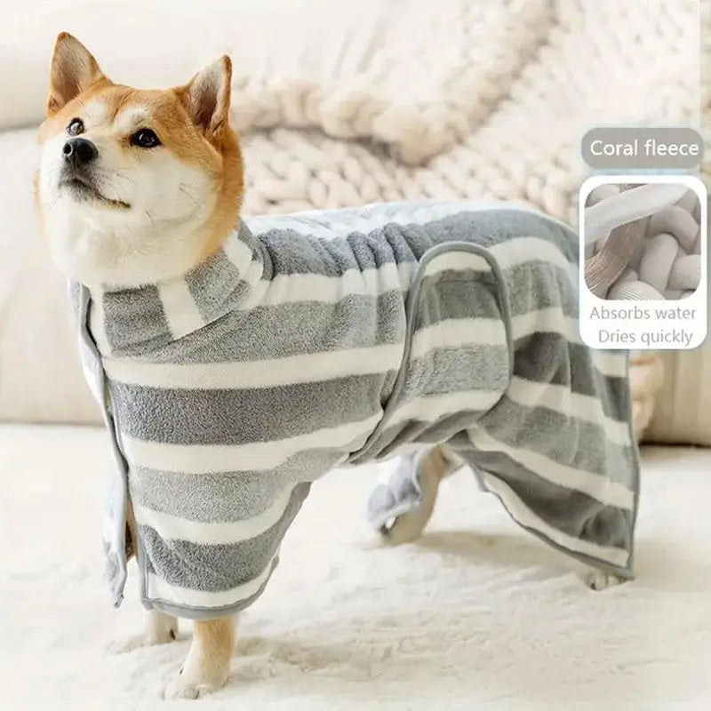 Striped Pet Bath Towel with Neck Buckle - Quick Drying Grooming Accessory for Dogs and Cats
