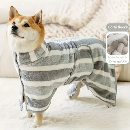 Striped Pet Bath Towel with Neck Buckle - Quick Drying Grooming Accessory for Dogs and Cats