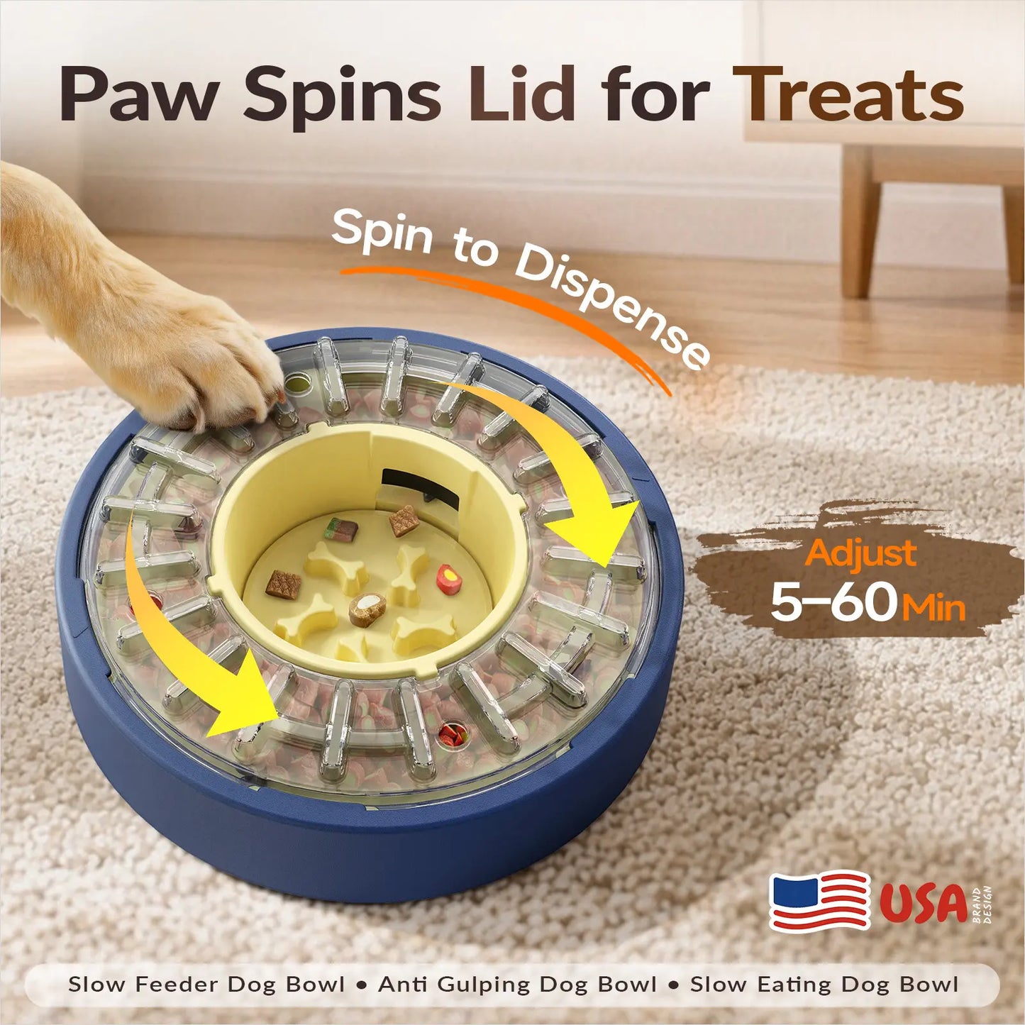 KADTC 5-60 Min Adjustable Slow Feeder Bowl for Fast Eaters, Spinning Dog Puzzle Feeder, Anti-Gulping Interactive Food Dispenser, 4-Cup Capacity, Mental Enrichment Treat Toy