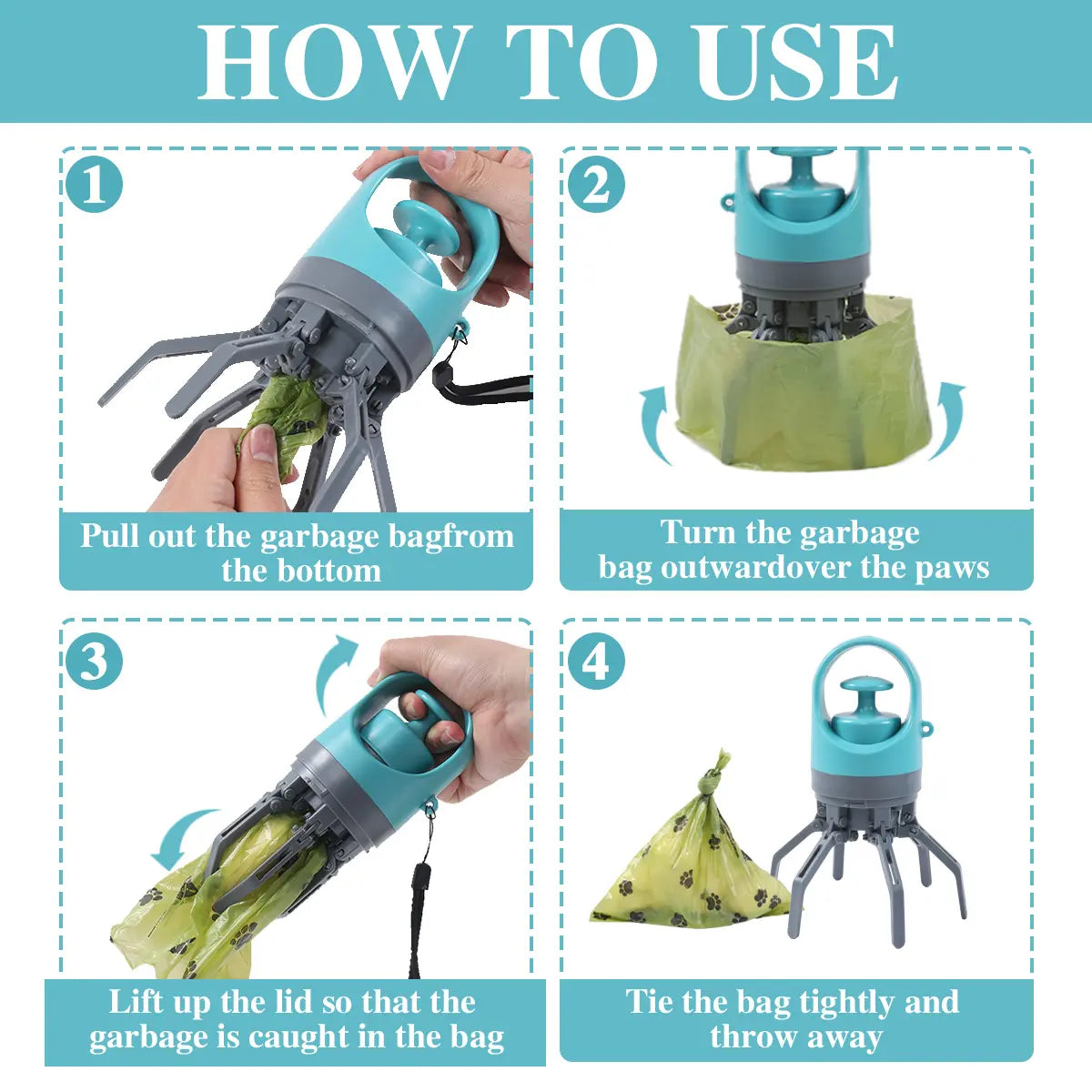 Dog Pooper Scooper - Portable No-Touch Outdoor Waste Management Tool with Teal Green Claw Design, 15 Bag Attachments, and Leak-Proof Storage Container
