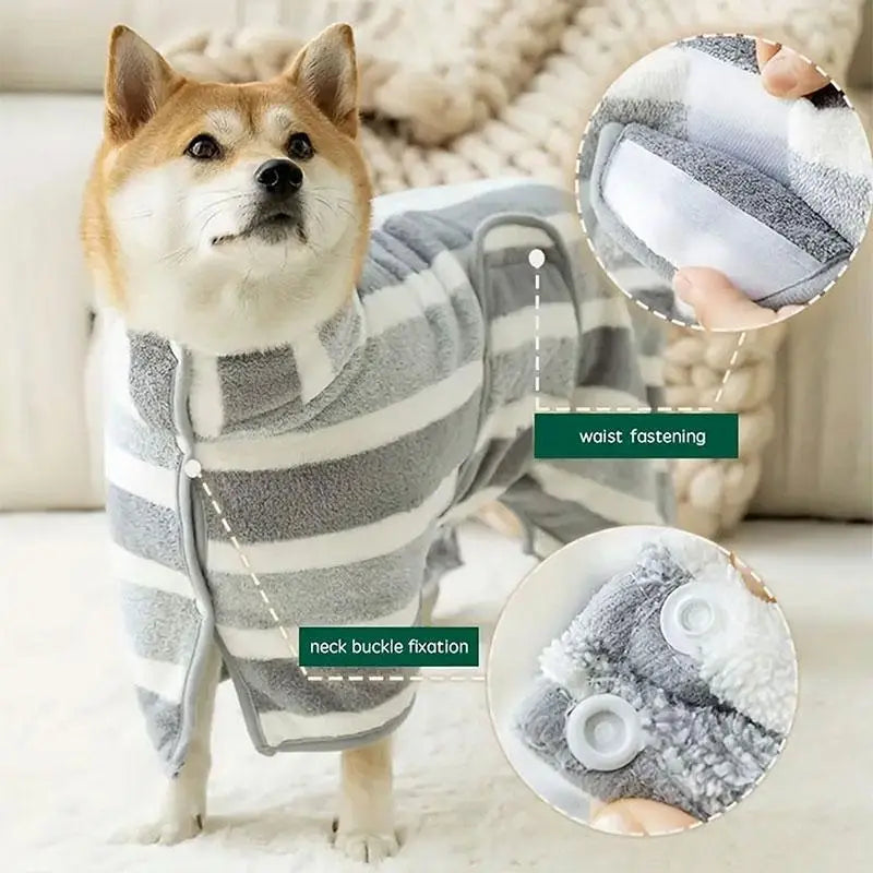 Striped Pet Bath Towel with Neck Buckle - Quick Drying Grooming Accessory for Dogs and Cats
