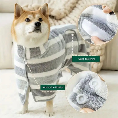 Striped Pet Bath Towel with Neck Buckle - Quick Drying Grooming Accessory for Dogs and Cats