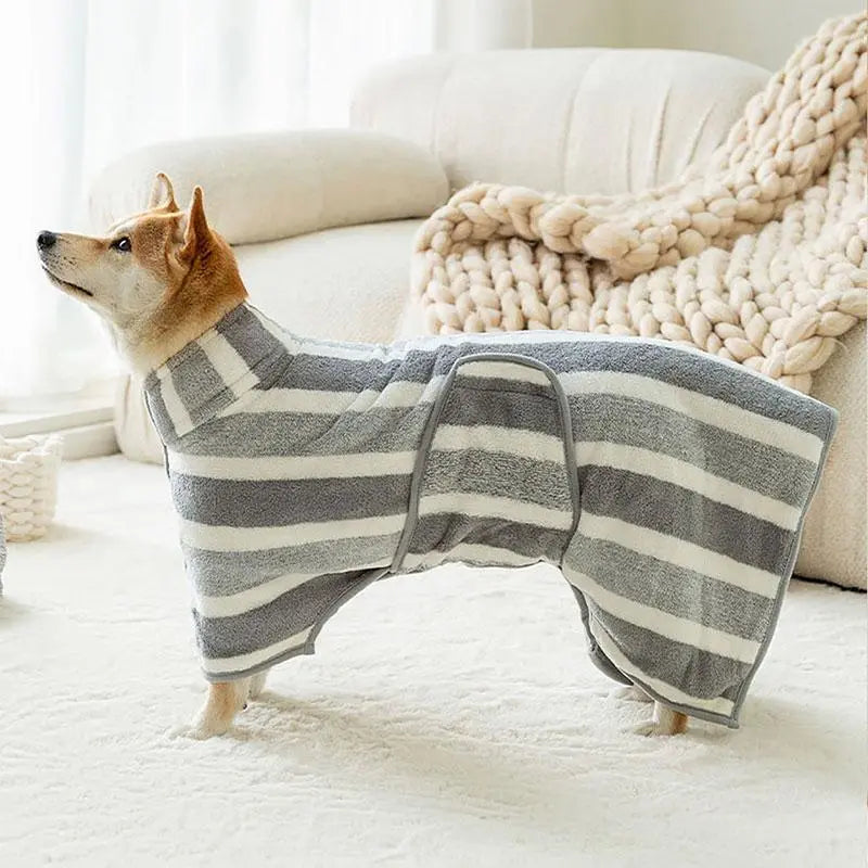 Striped Pet Bath Towel with Neck Buckle - Quick Drying Grooming Accessory for Dogs and Cats