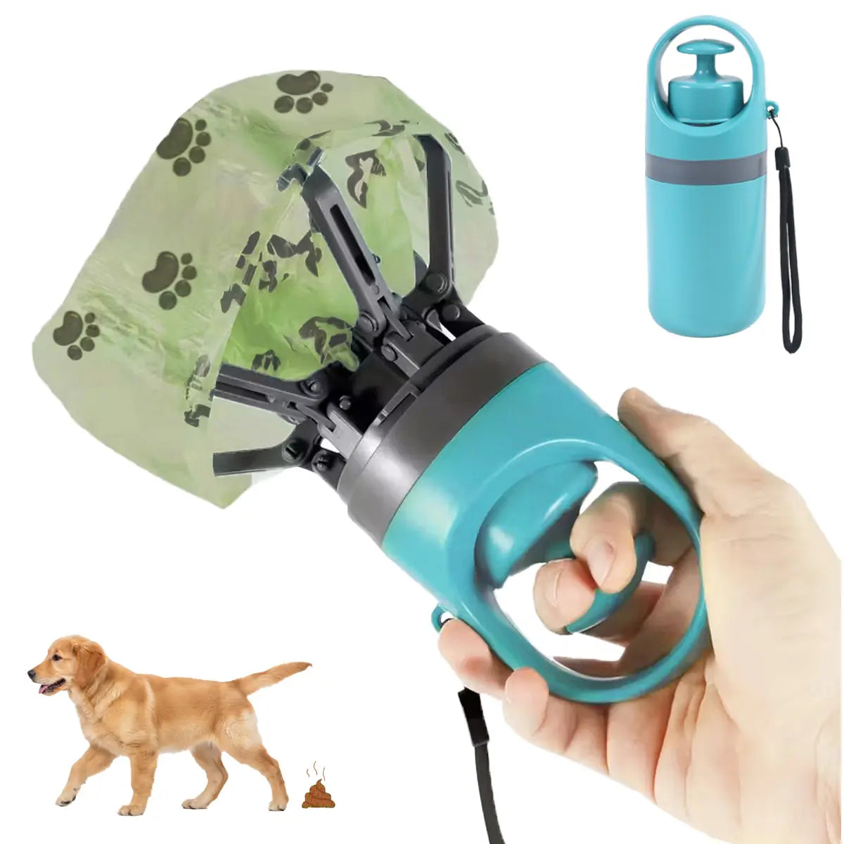 Dog Pooper Scooper - Portable No-Touch Outdoor Waste Management Tool with Teal Green Claw Design, 15 Bag Attachments, and Leak-Proof Storage Container