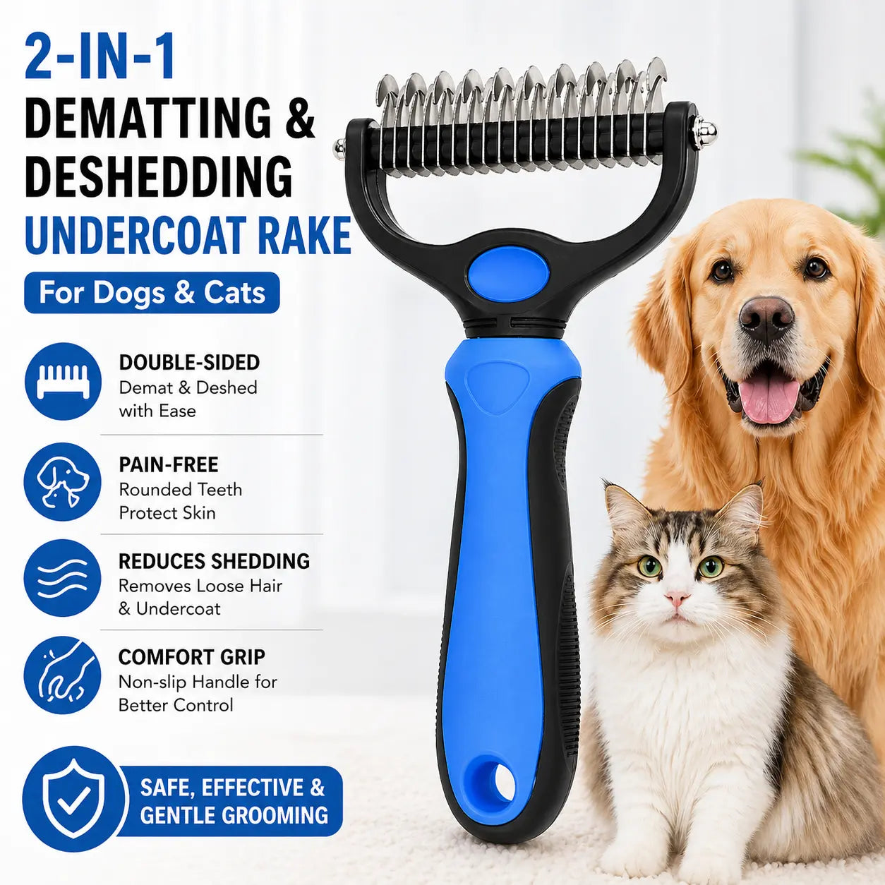 Pet Dematting Undercoat Rake for Long-Haired Pets, Double-Sided Deshedding Brush for Dogs & Cats, Pain-Free Tangle Remover, Reduces Shedding & Mats, Grooming Tool
