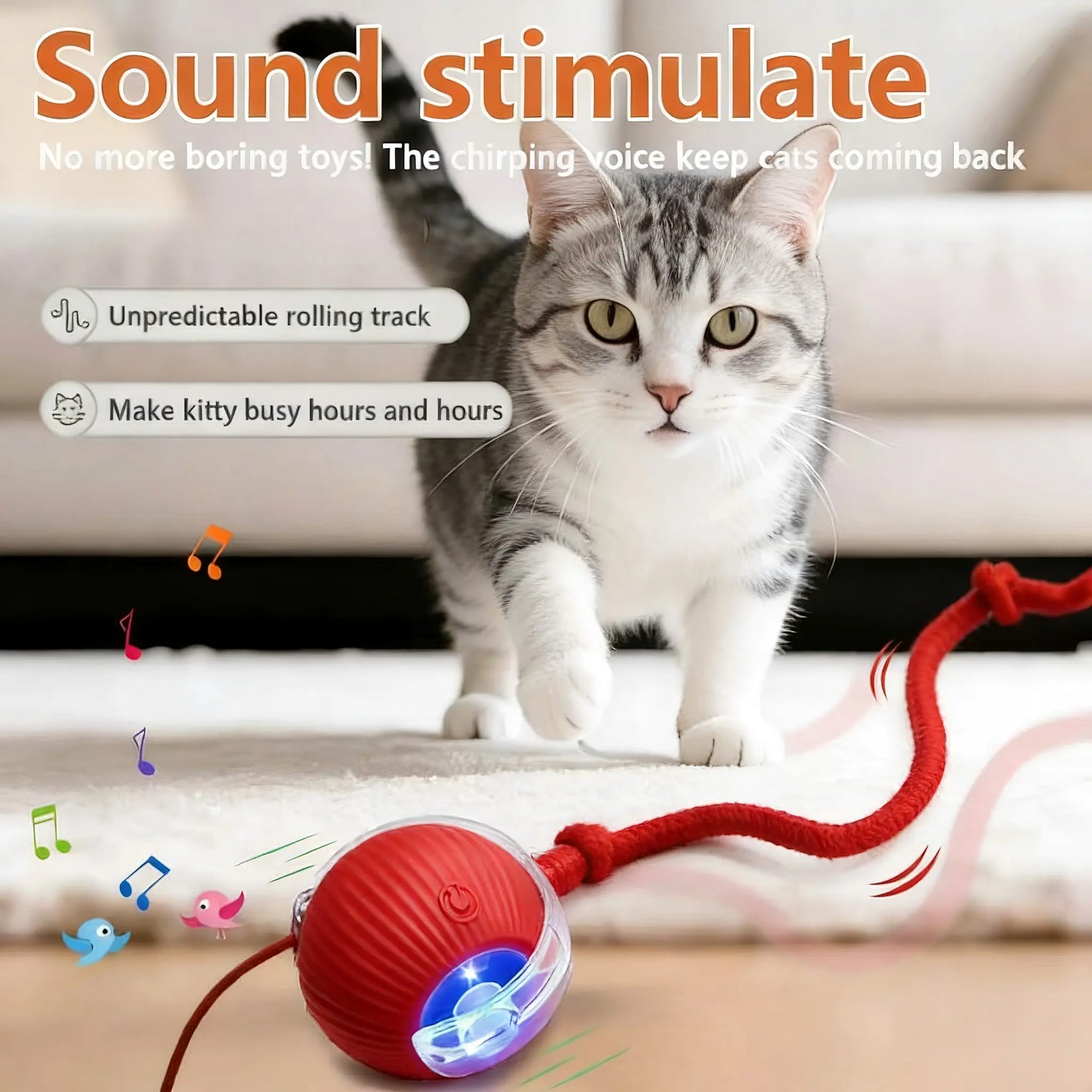 Smart Interactive Cat Toy Ball - Automatic Moving Motion Toy with LED Light, Rope & Realistic Bird Chirps, USB Rechargeable Boredom Buster for Indoor Cats & Small Dogs