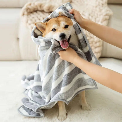 Striped Pet Bath Towel with Neck Buckle - Quick Drying Grooming Accessory for Dogs and Cats