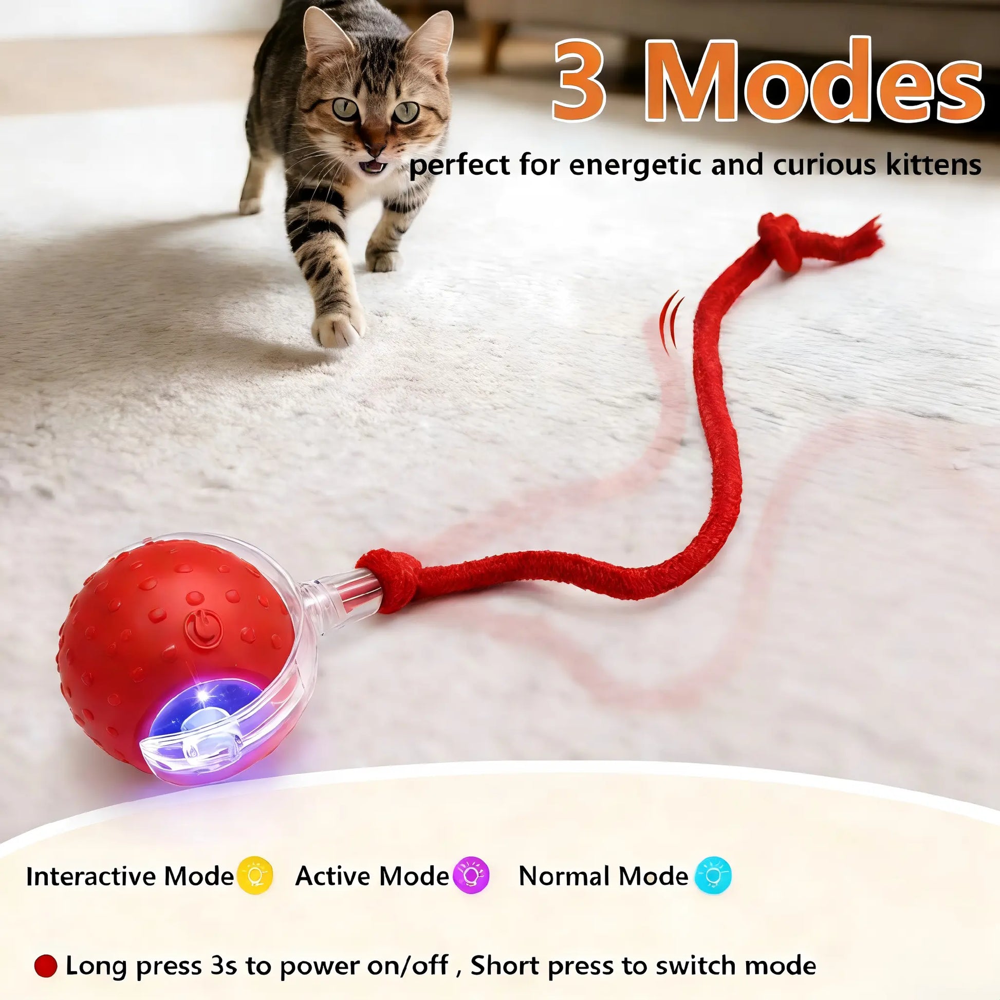 Smart Interactive Cat Toy Ball - Automatic Moving Motion Toy with LED Light, Rope & Realistic Bird Chirps, USB Rechargeable Boredom Buster for Indoor Cats & Small Dogs
