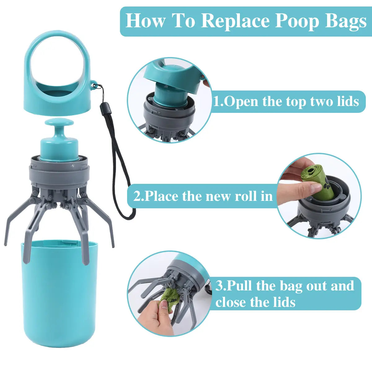 Dog Pooper Scooper - Portable No-Touch Outdoor Waste Management Tool with Teal Green Claw Design, 15 Bag Attachments, and Leak-Proof Storage Container