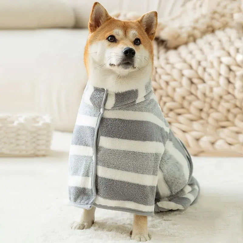Striped Pet Bath Towel with Neck Buckle - Quick Drying Grooming Accessory for Dogs and Cats