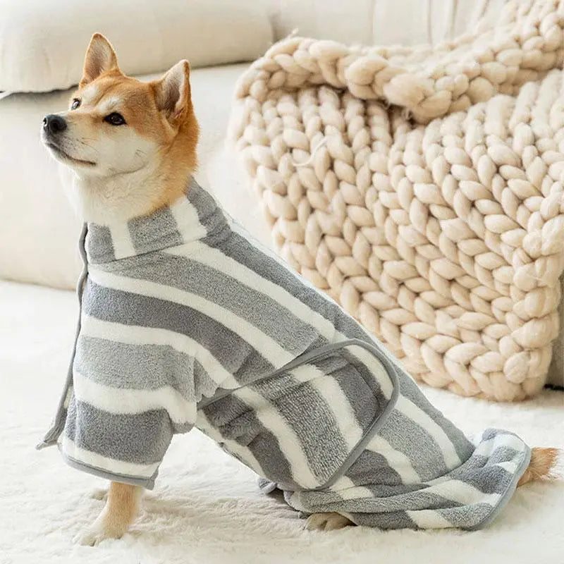 Striped Pet Bath Towel with Neck Buckle - Quick Drying Grooming Accessory for Dogs and Cats