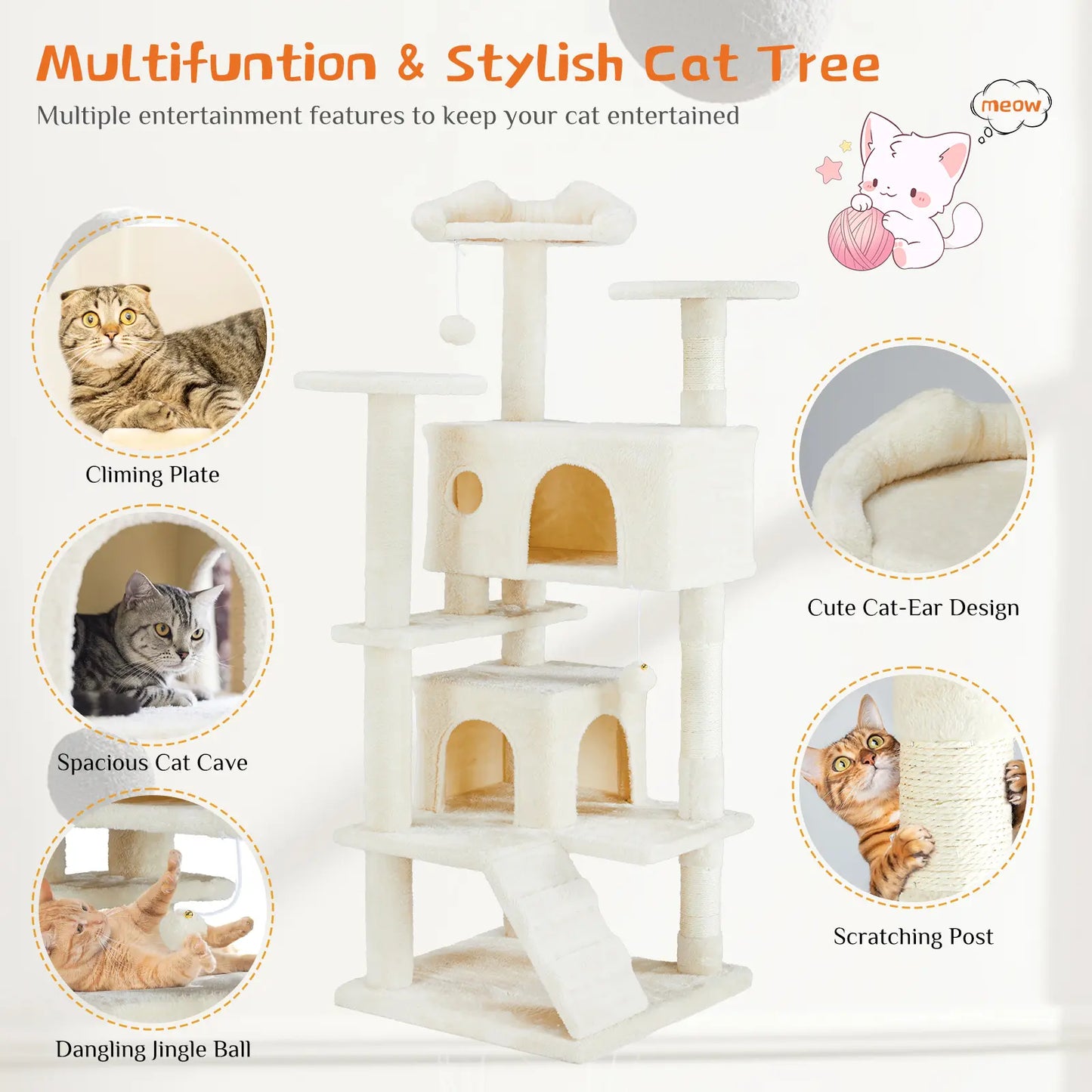 Pettrove Multi-Level Cat Tree Tower for Indoor Use, Stable Pet Furniture with Sisal Scratching Post, Spacious Condo, Climbing Ladder, and Plush Toy for Cats